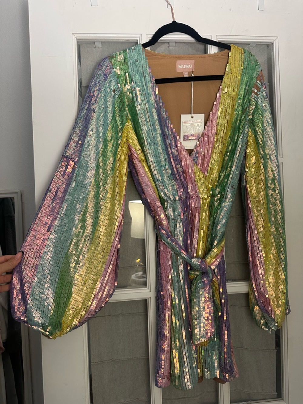 Show Me Your Mumu Wear Me Out Dress Sequin Rainbow Pastel Bell Sleeve Mini - M